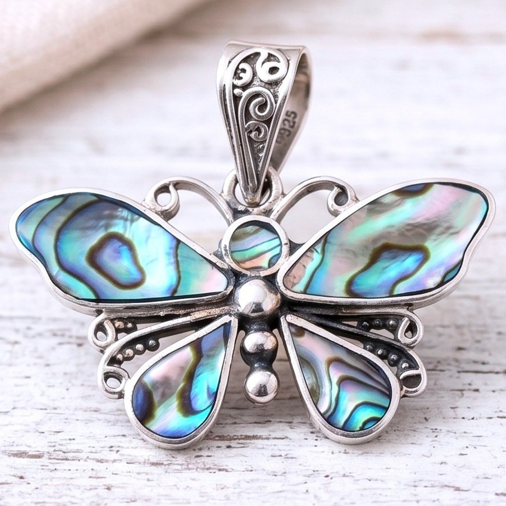 NOS 925 Sterling Silver Abalone Shell Inlay Butterfly Pendant Multicolor Paua